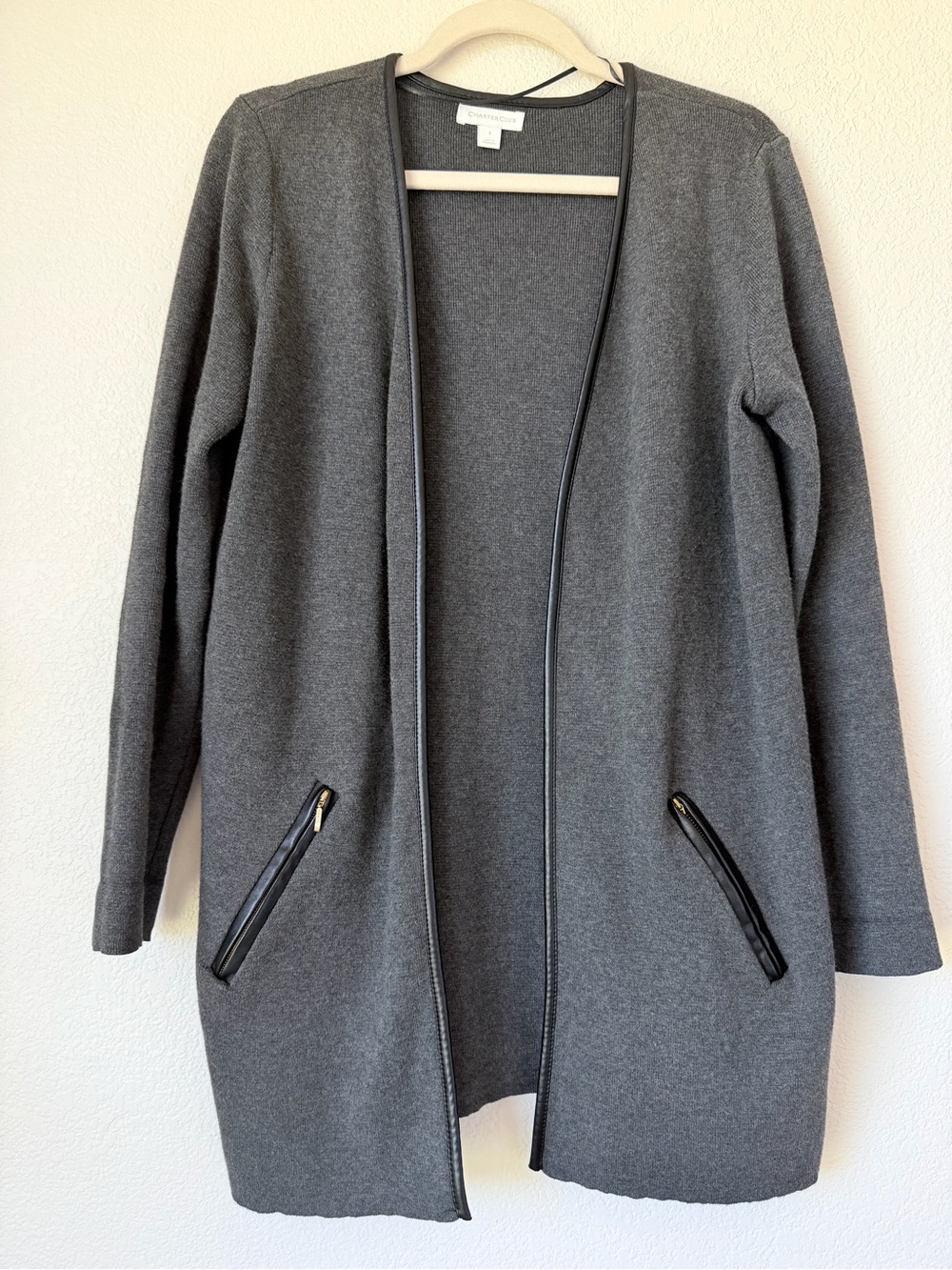 Charter Club Gray Cotton Long Cardigan Faux Leather Trim Zip Pocket Sweater S